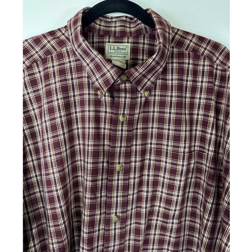 L.L. Bean Men's XXL Tall Burgundy Plaid Cotton Shirt, Traditional Fit